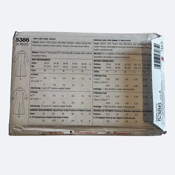 Simplicity Sewing Pattern 5386‎ Men Matrix Jacket Coat XS S M L XL Uncut Vtg Y2K - Picture 5 of 6